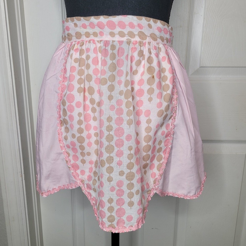 Vintage 1960's Half Apron‎ Hostess Pink Brown Polka Dot Tulip Design Grannycore